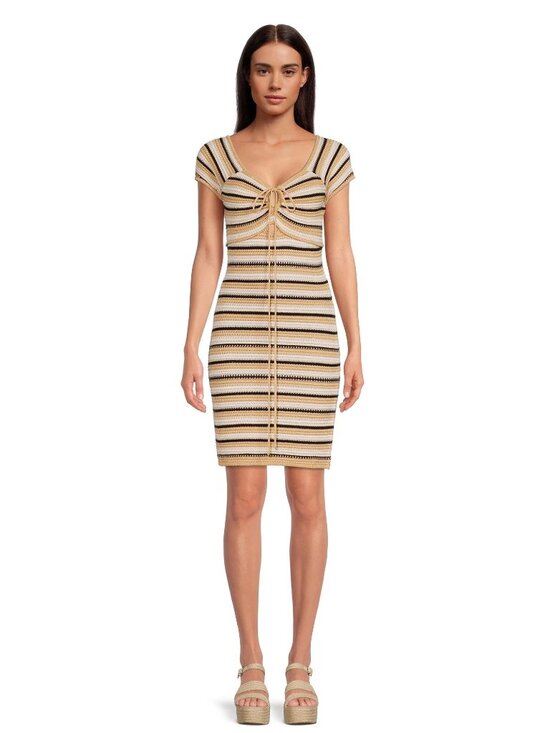 Madden Nyc Dresses & Skirts - Madden NYC Crochet Knit Neutral Striped Mini Dress M| Coastal Cowgirl Boho Indie